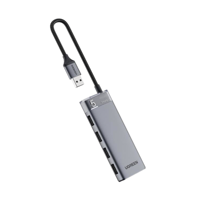 HUB USB-A 3.2 Gen1 4 EN 1 | 4 Puertos USB-A (5Gbps) | Carcasa ABS + PC | Soporta OTG | Luz Indicadora LED | Cable de Nylon Trenzado de 20cm (Mas de 20000 flexiones) | Interfaz Niquelada | Color Gri