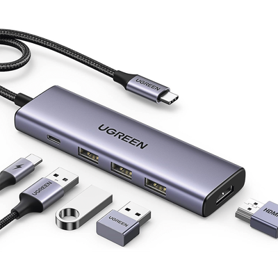 HUB USB-C (Docking Station) 5 en 1 | HDMI 2.0 4K@30Hz | 3 USB-A 3.0 (5Gbps) | USB-C PD Carga 100W | Potente Disipación de Calor | Chip de Ultima Generación | Cable de Nylon Trenzado de 25 cm | Carc