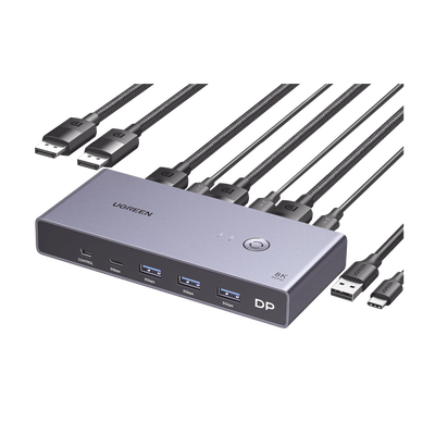 Conmutador KVM DisplayPort 8K | DP 1.4 | 2 Entradas 1 Salida | 4 Puertos USB 3.0 (3 USBA *1 USBC) | Soporta 8K@60Hz | HDR | Control de Escritorio | Carcasa de Aluminio | Indicador Led | Compatible