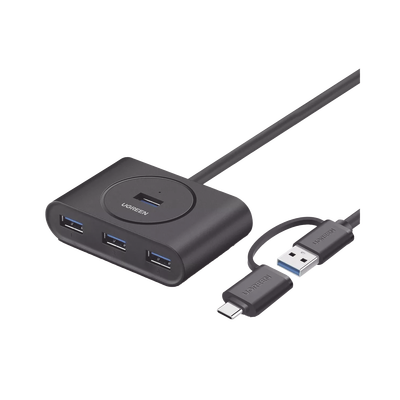 HUB USB-A y C 3.0 4 en 1 | Con Conector USB-C y USB-A | 4 Puertos USB-A 3.0 (5Gbps) | Cable de 25cm | Indicador Led | Ideal para Transferencia de Datos | Entrada Micro USB para alimentar equipos de