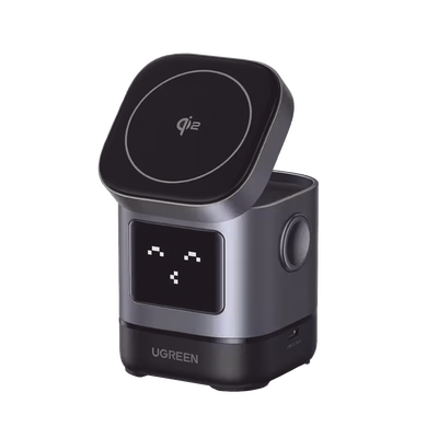 Cargador Inalámbrico Robot 2 en 1 UGREEN Qi2 / 15W Ultra Rápido para iPhone / 5W para AirPods / Pantalla Inteligente con Expresiones / Imanes N48H / Puerto USB-C 5W para Apple Watch / Compatibilida