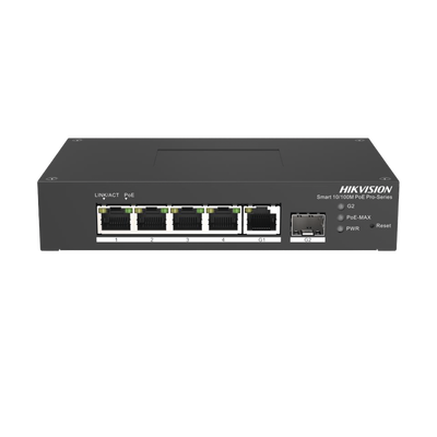 Switch PoE+ Industrial de Escritorio / Administrable / 4 Puertos 10/100 Mbps PoE+ / 1 Puerto 1000 Mbps Uplink / 1 Puertos SFP / Configuración Nube Hik-PartnerPro / Modo Extendido hasta 300 Metros