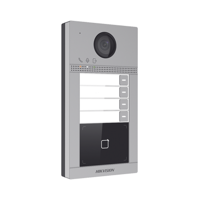 Videoportero IP 2 Megapixel / Llamada y Apertura Remota desde App Hik-Connect (Requiere monitor )/ PoE / Exterior IP65 + Antivandalico IK08 / 4 Departamento / Apertura con Tarjeta / Soporta 2 Puert