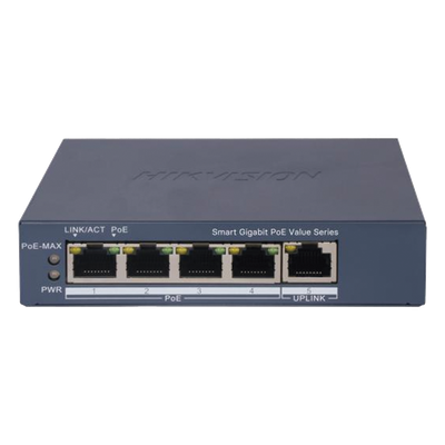 Switch Gigabit PoE+ / Monitoreable / 4 Puertos 1000 Mbps PoE+ / 1 Puerto 1000 Mbps Uplink / Configuración Nube Hik-PartnerPro / Modo Extendido hasta 300 Metros / 45 Watts