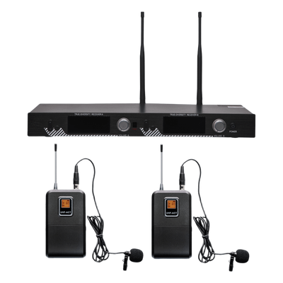 Kit de Microfonía inalámbrico | 2 Micrófonos de Lavalier | Receptor UHF | Pantalla LCD | 200 Canales | Gran cobertura