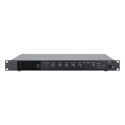 Amplificador de Audio | 1 canal | 350 W | Sistema 100V y Baja Impedancia | 4 Entradas de Micrófono Balanceadas | Bluetooth | USB | SD | FM | Montaje en Rack
