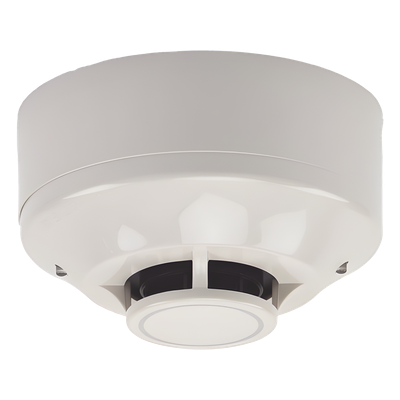 Detector de Calor Inalámbrico Direccionable / Temperatura Fija 135 °F (57 °C) / Red Mallada Clase A 902-928 MHz / Topología Padre-Hijo con Repetidor / Base y Baterías Incluidas