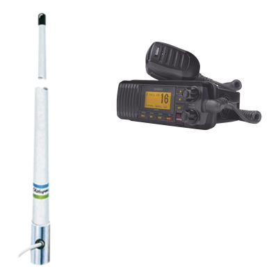 Kit de radio móvil VHF marino modelo UM-385 color negro y antena marina Shakespeare en fibra de vidrio 5101