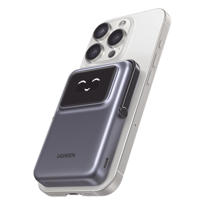 Power Bank Serie UNO Inalambrico | 10000mAh | 7.5W/20W | Con Emojis de Estado | Carga Rápida USB-C Bidireccional | Pantalla TFT Inteligente | Con Holder | Color Grey.