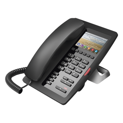 Teléfono IP Hotelero / Pantalla LCD Color 3.5\" / 2 Líneas SIP / 6 Teclas Programables Hotline / Puerto USB Carga / PoE 802.3af / Personalizable con Logo Hotel