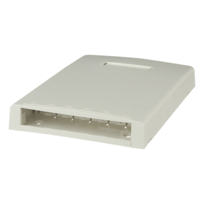 Caja de Montaje en Superficie, con Accesorio para Resguardo de Fibra Óptica, para 6 Módulos Mini-Com, Color Blanco Mate
