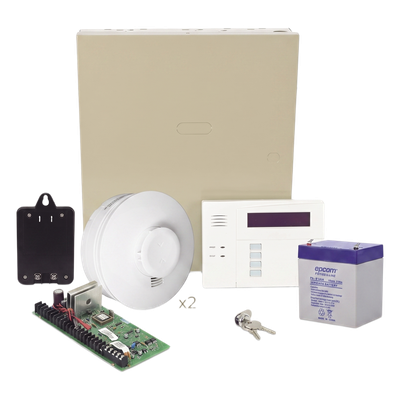 Kit de panel de intrusión de 48 zonas con 2 detectores de humo inalámbricos incluidos, 3 particiones y carga/descarga por Internet