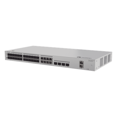 Switch de Distribución/Core Gigabit Administrable Capa 3 / 24 puertos 1GE SFP ( Combo con 8 Puertos 10/100/1000 Mbps) / 4 Puertos 10GE SFP+ Uplink / ERPS / Rutas Estáticas / iStack / Administració