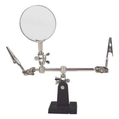 Soporte con lupa y dos brazos con clip. Ideal para trabajos de soldadura.