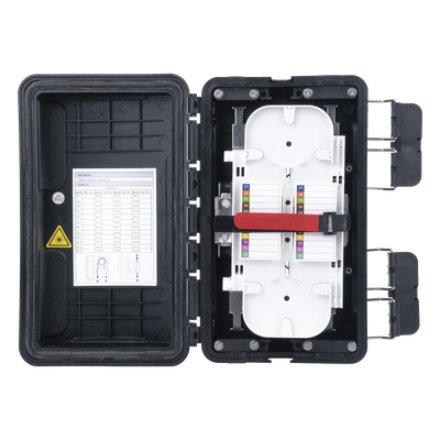 Caja de Distribución de Fibra Óptica, Hasta 96 Empalmes, Exterior IP65, Color Negro