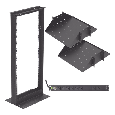 Kit de Rack Estándar 19\", 24 UR con 2 Charolas y PDU (8 tomas). Ideal para UPS y Servidores tipo Torre.