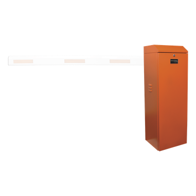 Barrera vehicular izquierda / Soporta brazo de hasta 3 m / Apertura en 1.5 s /Final de carrera ajustable por programación / Movimiento fluido / Diseño elegante color naranja