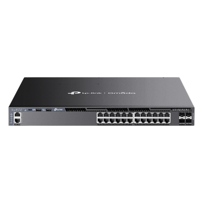 Switch Omada L3 SDN Administrable / 24 puertos PoE af/at Gigabit y 4 puertos SFP+ / Presupuesto PoE 720W / Funciones RIP, VRRP, Servidor DHCP / Administración centralizada OMADA / Fuente Redundante