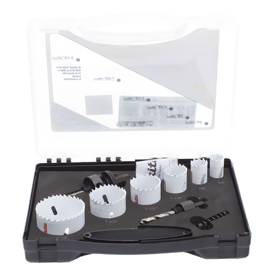 Kit de broca sierras (3/4 - 2 1/4 in) incluye 6 piezas de broca sierras, 2 adaptadores y resorte de expulsión.