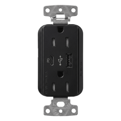 Receptáculo con USB / 15 A 125 V~ / Power Delivery 55 W / USB-A y USB-C / Tamper Resistant / Acabado Satinado Midnight