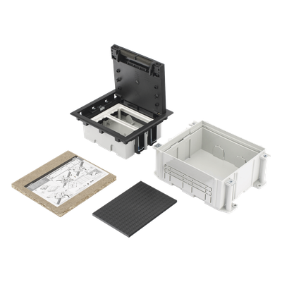 Caja de Suelo Simon Serie S / Para Voz, Datos o Contactos Eléctricos / Capacidad para 2 Módulos / Con Registro Integrado para Fijación en Concreto / Profundidad Ajustable de 70 a 100 mm (2.76 a 3.9