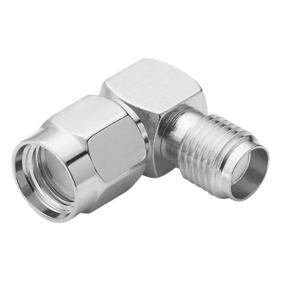 Adaptador en Ángulo Recto de Conector SMA Macho Inverso a SMA Hembra, Níquel/ Oro/ Teflón.