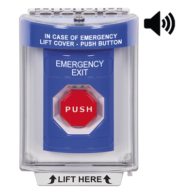 Botón De Salida De Emergencia Con Bocina De Advertencia Integrada, Interior/Exterior, Texto En Ingles, Tapa Protectora De Policarbonato Súper Resistente, Neumático