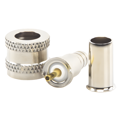 Conector Mini UHF Macho, 50 Ohm, de Anillo Plegable para Cables RG-58/U, RG-142/U, Niquel/Oro/Delrin.