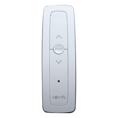 Control remoto 1 canal para motores de persiana Somfy con señal inalámbrica, instrucciones: sube, baja y detener, con posición favorita programada.