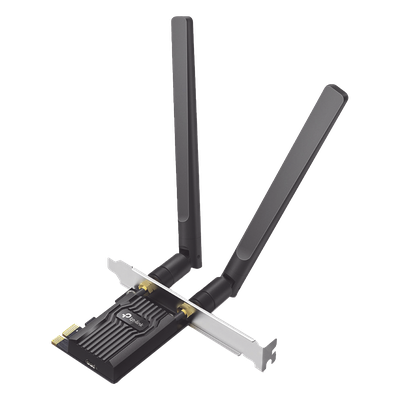 Adaptador PCIe inalámbrico doble banda AX1800 Mbps / Seguridad Inalámbrica WPA3 /Antena de alta ganancia / Tecnología MU-MUMO 2X2 / Soporte de perfil bajo y Altura completa / Bluetooth 5.2