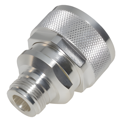 Adaptador de Conector RF / DIN 7-16 Macho a N Hembra / Montaje en Línea / Cuerpo Bronce Plateado / Aislante Teflón