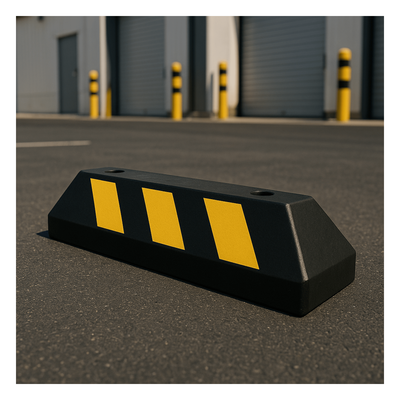 Tope D/ Estacionamiento Vehicular / Hule Reciclado / 55cm / Color Negro con Franjas Amarillas / Resistente y Antideslizante.