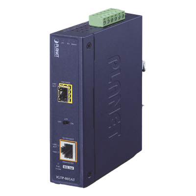 Convertidor de Medios PoE Industrial, Puerto SFP 1000BASE-SX/LX a Puerto RJ45 Gigabit con Salida PoE 802.3at (Hasta 30 W).