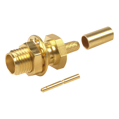 Conector SMA Hembra para Chasis en D Plano, Anillo Plegable para cable RG-174/U, Oro/ Oro/ Teflón.