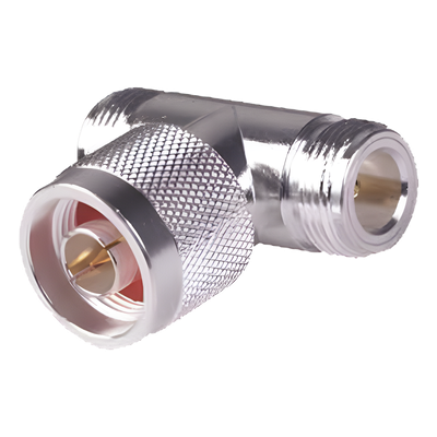 Adaptador en T, de Conector N Macho a Doble N Hembra, Plata/ Oro/ Teflón.