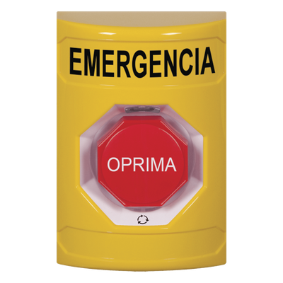 Botón de Emergencia en Español, Color Amarillo, Acción Mantenida, Girar para Restablecer y LED Multicolor