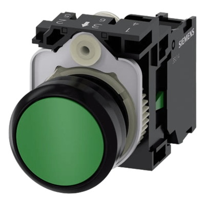 Botón 3SU11000AB401BA0 Sirius 22mm, Color Verde, Incluye soporte y contacto Normalmente Abierto.