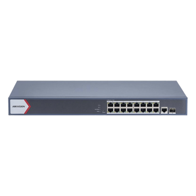 Switch Gigabit PoE+ / Monitoreable / 16 Puertos 1000 Mbps PoE+ / 1 Puerto 1000 Mbps de Uplink / 1 Puerto SFP / Configuración Nube desde Hik-PartnerPro / Modo Extendido hasta 300 Metros / 130 Watts