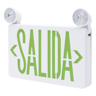 Letrero de Emergencia LED DUAL / Luz de Salida y Emergencia Integrada / Montaje Universal Pared-Lateral-Techo / Doble Voltaje 120-277 VAC / Batería 6V 4.5Ah / 3W Bajo Consumo