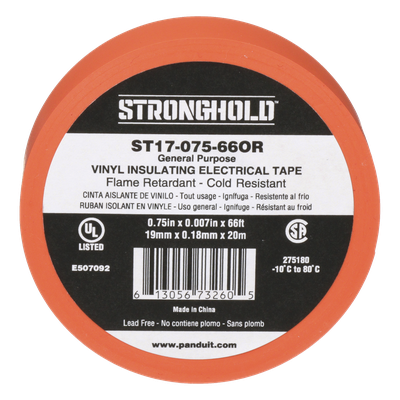 Cinta Eléctrica STRONGHOLD para Aislar, de PVC, Uso General Reparación y Mantenimiento, Grosor de 0.18mm (7 mil), Ancho de 19mm, y 20.12m de Largo, Color Naranja