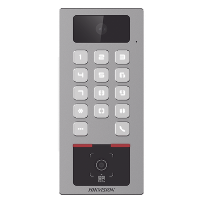 (PoE / 2 Relays) Teclado con Lector Físico de QRs para Exterior Antivandálico IP65 & IK09 con función de Videoportero Multiapartamento / Tarjeta, Código QR, PIN o App HikConnect / Cámara 2 MP comp