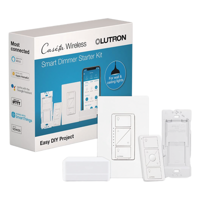 Kit de inicio Caseta Wireless con hub Smart Bridge, atenuador de pared, control Pico y placa Claro para controlar la iluminación desde la app Lutron