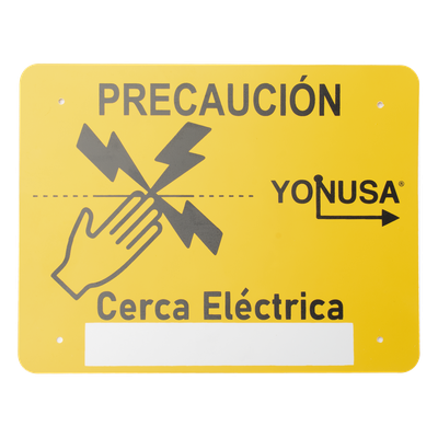 Letrero de PRECAUCION para cercas electrificadas (21.8 x 17 cm) / Estireno Serigrafiado 2 Tintas / Protección UV / 4 Perforaciones