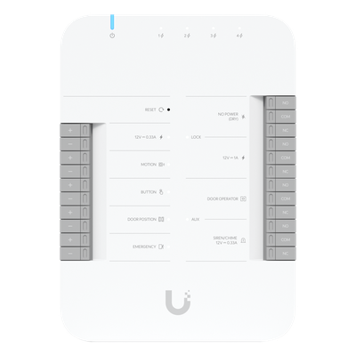 UniFi Access Hub Door, puede conectar 2 lectores y 2 cámaras (no incluidos) para controlar solo una puerta / 2 terminales AUX y 4 entradas adicionales (sensores y botones) POE 802.3bt no incluido