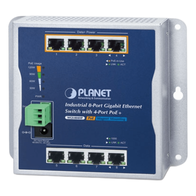 Switch Industrial No Administrable, Múltiple Montaje (Pared, Riel DIN y Magnético), 8 Puertos Gigabit con 4 puertos PoE 802.3at, Hasta 120 W.