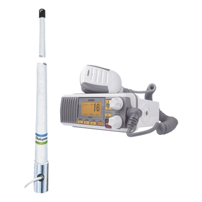 Kit de radio móvil VHF marino modelo UM-385 color blanco y antena marina Shakespeare de fibra de vidrio 5101