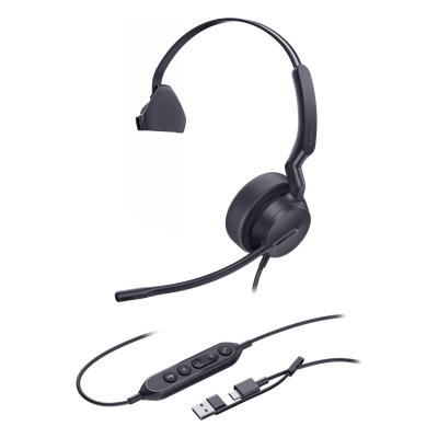 Auricular USB Profesional / Cancelación de Ruido con IA / Altavoz 35 mm con EQ Dinámico / USB-C con Adaptador USB-A / Control Integrado de Llamadas