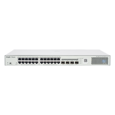Switch Administrable L2 PoE+ hasta 370W, 24 Puertos Eth 1G, 4 puertos SFP 1G, Administración Remota en la Nube.