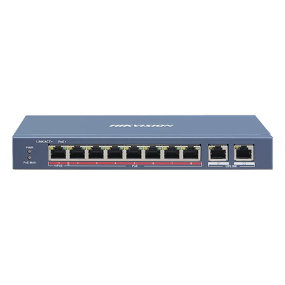 Switch PoE+ / No Administrable / 7 Puertos 10/100 Mbps 802.3 af/at (30 W) / 1 Puerto 10/100 Mbps Hi-PoE (90 W) / 2 Puertos 1000 Mbps Uplink / Modo Extendido hasta 300 Metros / 110 Watts