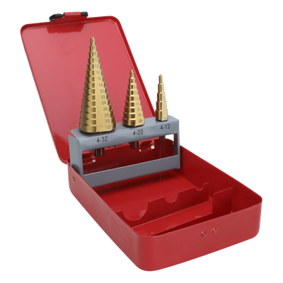 Juego de 3 Brocas Escalonadas HSS 4-12, 4-20, 4-32 mm (Para Plástico o Metal).
